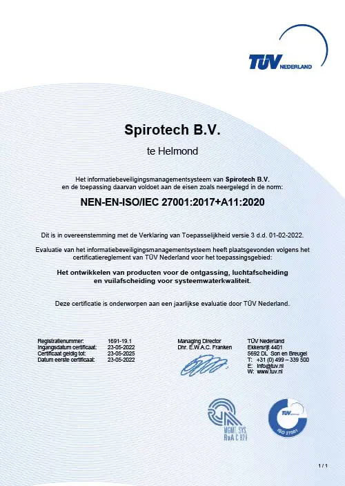 TUV Certificat ISO 27001 - Spirotech