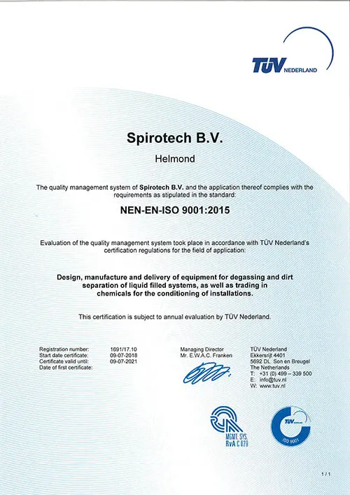 Spirotech ISO 9001 TUV Certificat